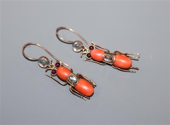 A pair of yellow metal, coral and gem set bug earrings, one marked 9ct, overall 42mm.